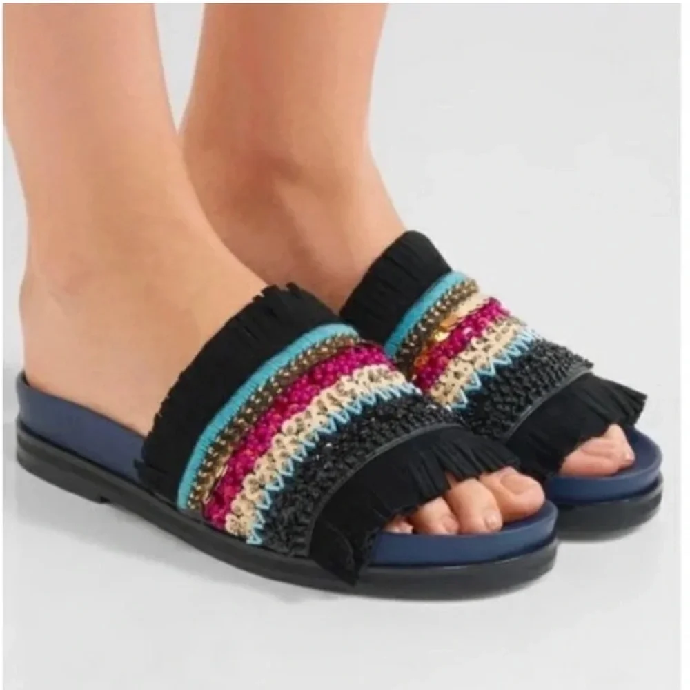 Tory Burch Isle Slide Slipon Sandal Navy Black Sequin Size 7.5